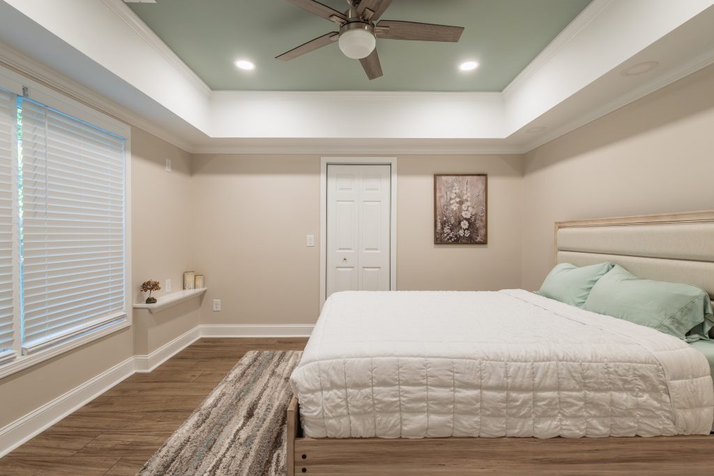 Cozy basement bedroom featuring a sage green tray ceiling, ceiling fan, and wood-look plank flooring.