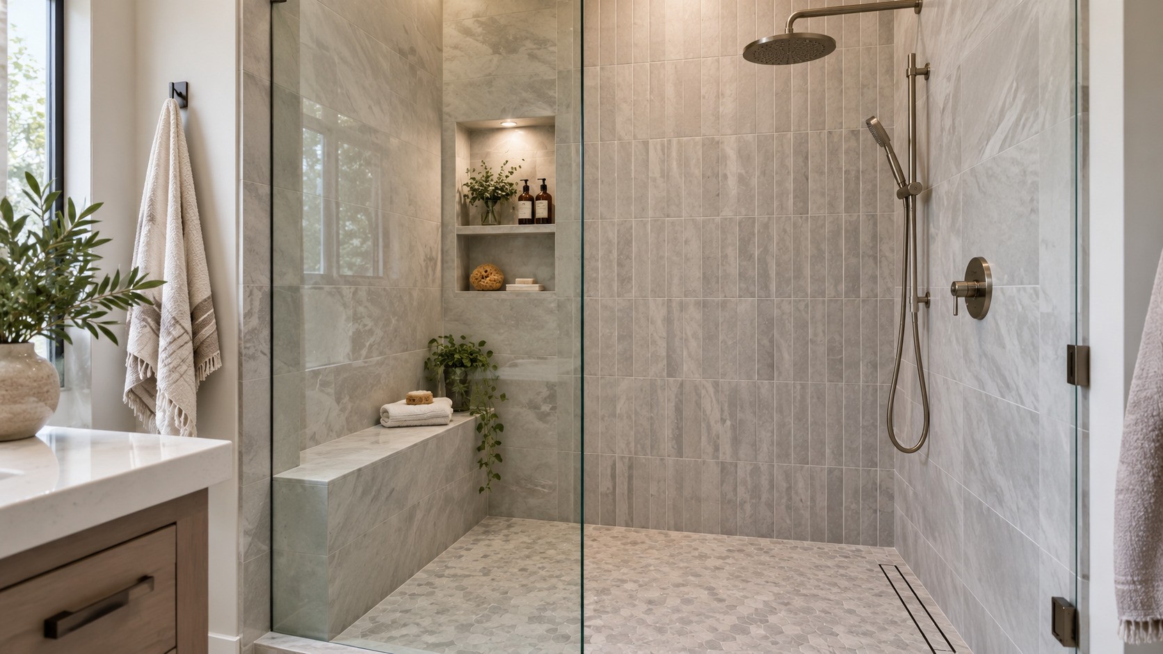 Clean design walk in shower with bench