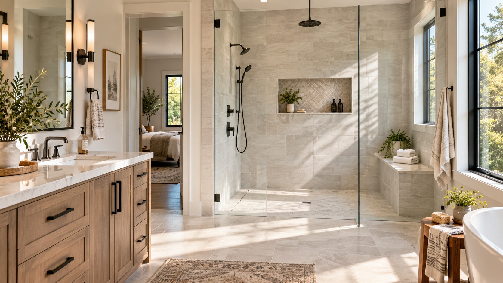 Modern walk in shower with glass door
